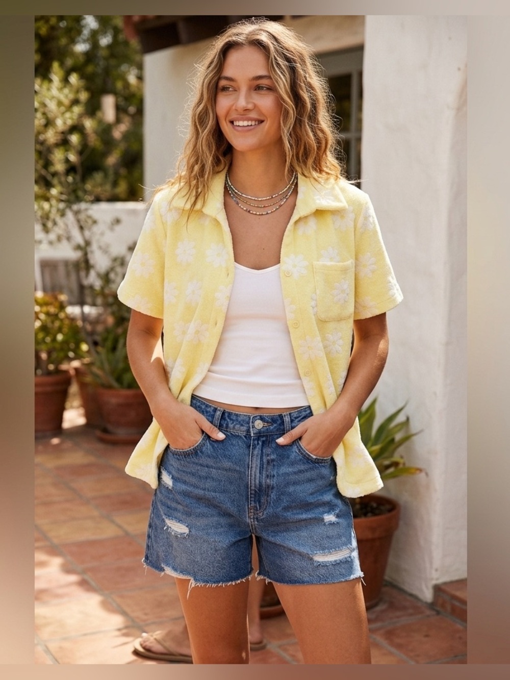 Yllw The Label Medium Oops Daisy Salty Terry Cloth Top Button Up Short Sleeve M